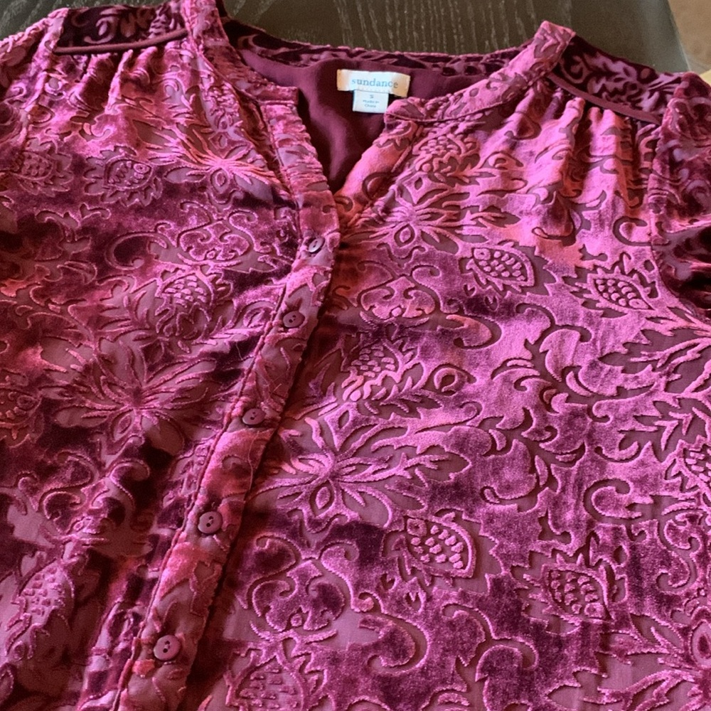 Sundance velour button up long sleeves burgundy floral rayon silk size small - Picture 4 of 7